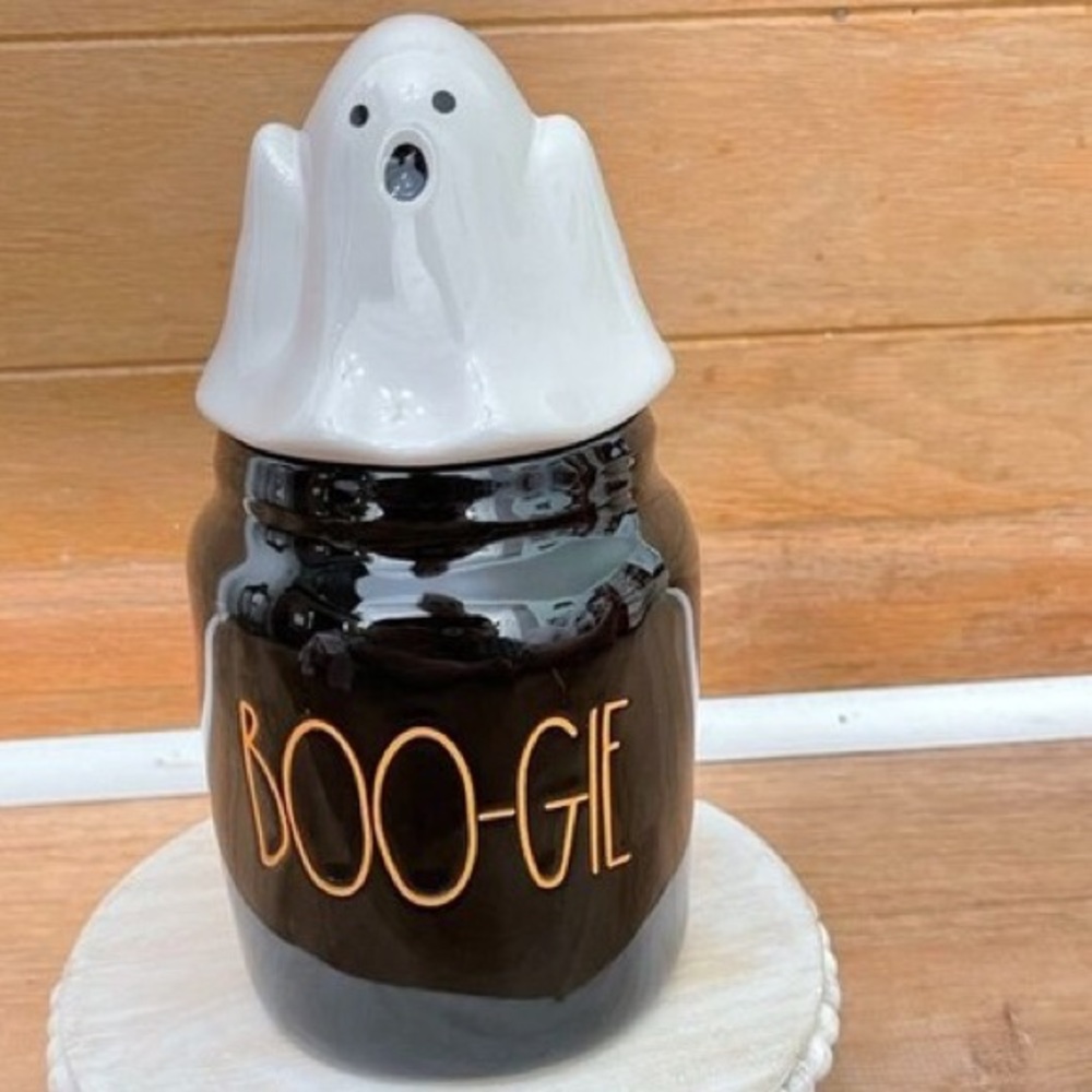 damaged boo-gie ghost cannister by rae dunn halloween decor